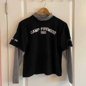 korean striped mock two piece “camp firewood” long sleeve